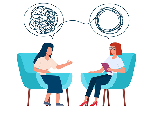 Psychotherapy concept. Psychologist and patient with tangled and untangled mind metaphor, doctor solving psychological problems, couch consultation, mental health vector illustration